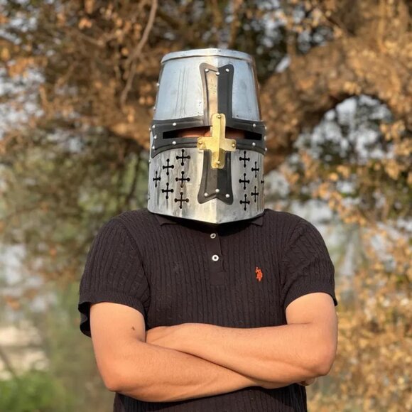 Knight Templar Crusader Helmet Medieval Great Helm Handmade Steel Brass Gift - Picture 1 of 7